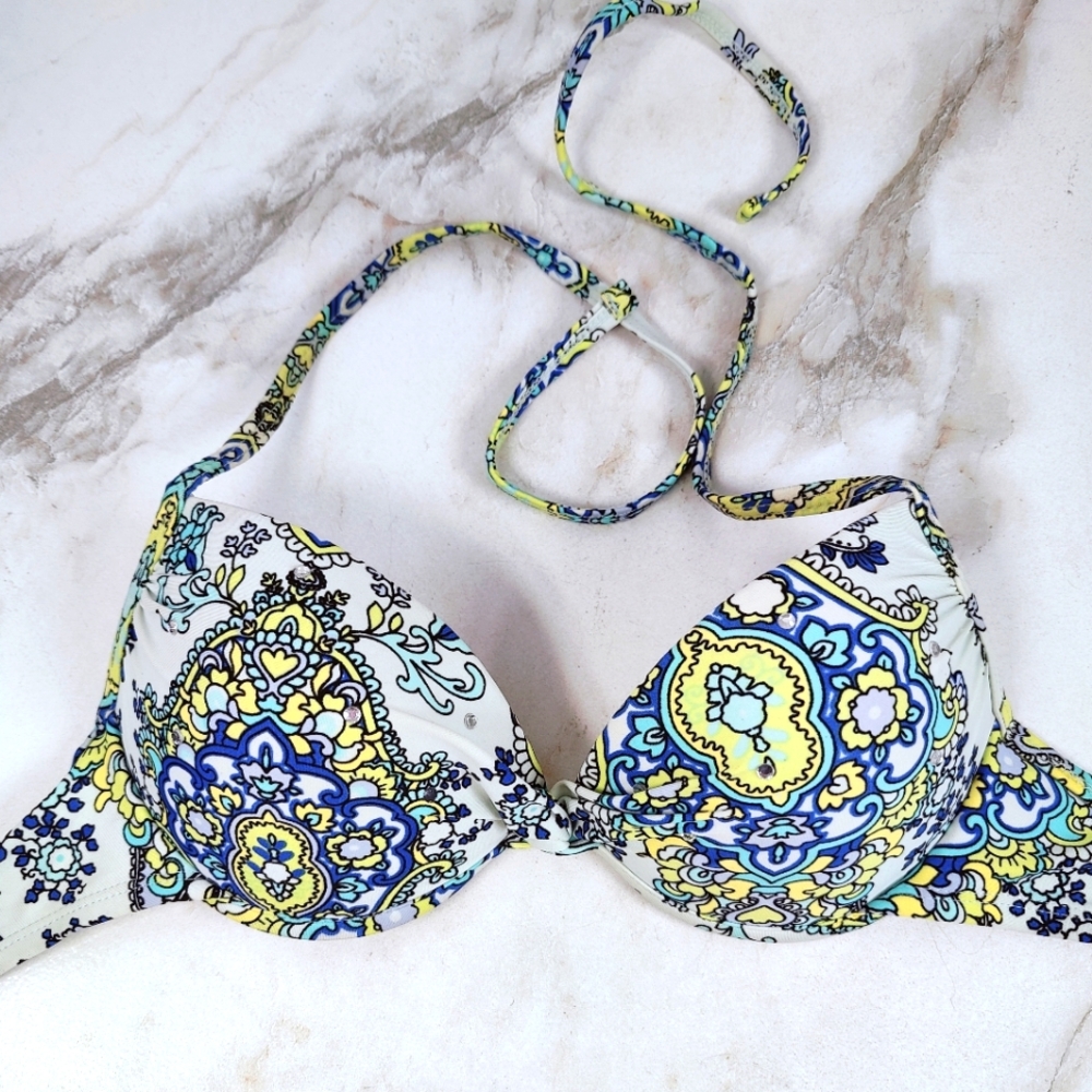 Xhilaration Paisley Print Rhinestone Pushup Halter Bikini Top, Sz S